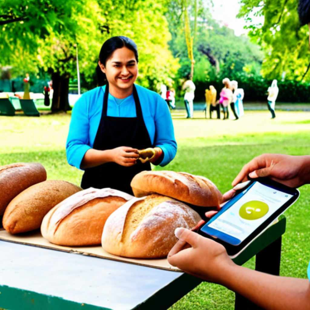 **

A vibrant community scene. People are trading goods and services in a local park setting. A baker hands bread to a gardener in exchange for credits, visible on a mobile app interface displayed on a nearby table. In the background, other community members are engaged in various activities, symbolizing the diverse range of skills and services offered within the LETS system. The overall mood is positive, collaborative, and emphasizes community connection. Focus on the human element of shared value and mutual benefit.

**