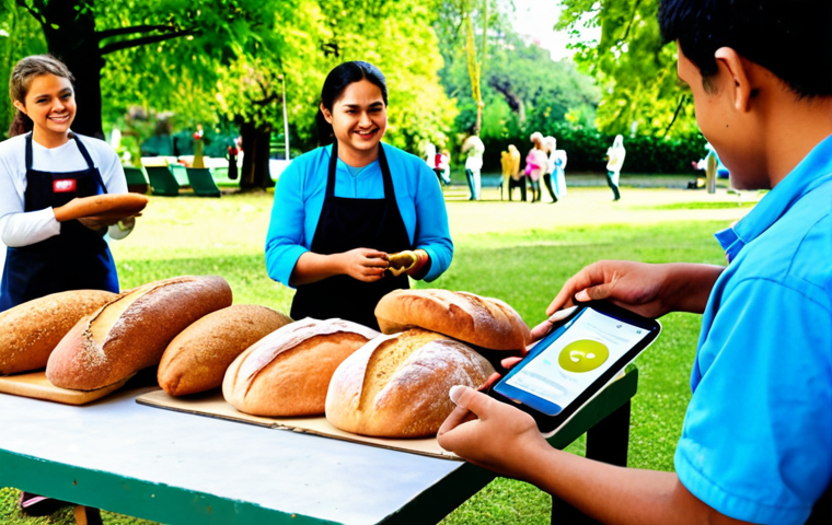 **

A vibrant community scene. People are trading goods and services in a local park setting. A baker hands bread to a gardener in exchange for credits, visible on a mobile app interface displayed on a nearby table. In the background, other community members are engaged in various activities, symbolizing the diverse range of skills and services offered within the LETS system. The overall mood is positive, collaborative, and emphasizes community connection. Focus on the human element of shared value and mutual benefit.

**