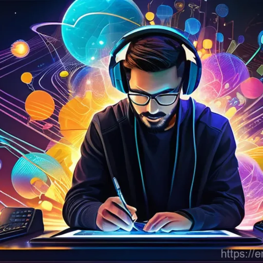 호혜적 교환 시스템에서의 기술 혁신 - **Prompt:** A dynamic and colorful digital painting depicting a diverse group of creators – a musici...