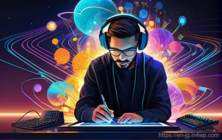 호혜적 교환 시스템에서의 기술 혁신 - **Prompt:** A dynamic and colorful digital painting depicting a diverse group of creators – a musici...