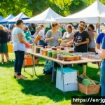 호혜적 교환 시스템에서의 가치 평가 - A vibrant community swap meet in a sunny urban park, featuring diverse adults and families exchangin...