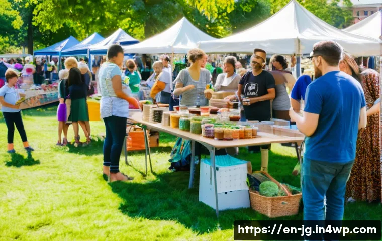 호혜적 교환 시스템에서의 가치 평가 - A vibrant community swap meet in a sunny urban park, featuring diverse adults and families exchangin...