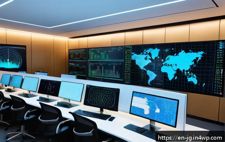 호혜적 교환 시스템의 데이터 보호 방안 - A futuristic digital security control room featuring diverse professionals monitoring multiple holog...