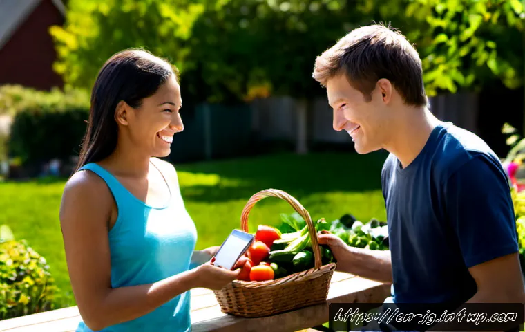 호혜적 교환 시스템의 경험 공유 플랫폼 - Photorealistic scene of two neighbors in a sunny American suburban community garden exchanging a bas...