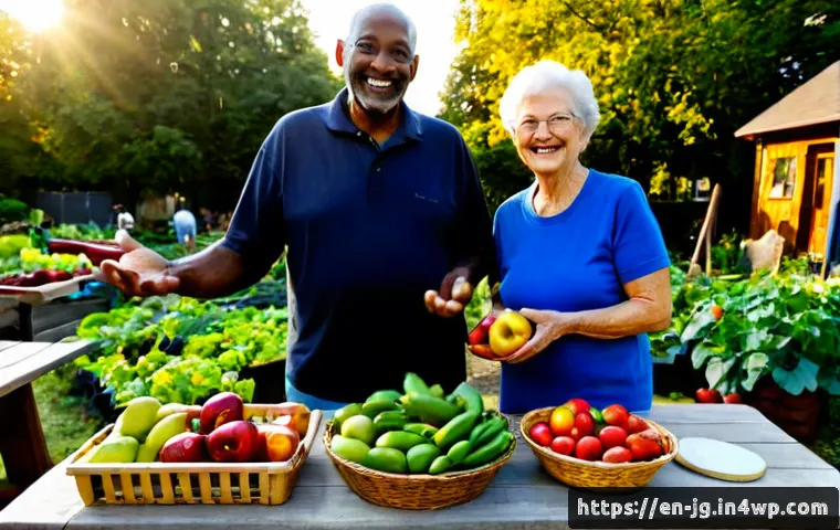 호혜적 교환 시스템의 성공적인 사례 연구 - Photorealistic community garden harvest exchange in a sunny American neighborhood, diverse adults an...